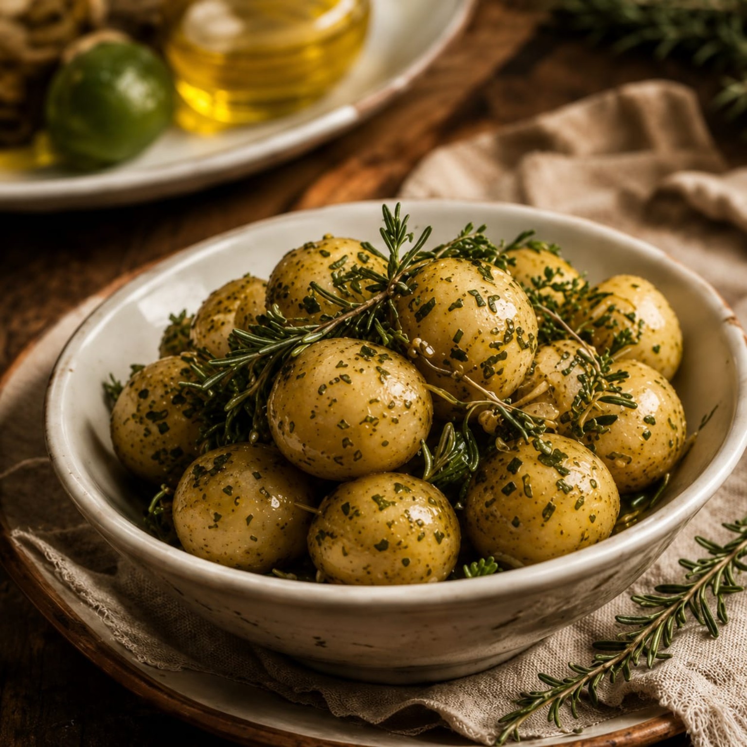 Batatas bolinha com ervas servidas em uma tigela de cerâmica