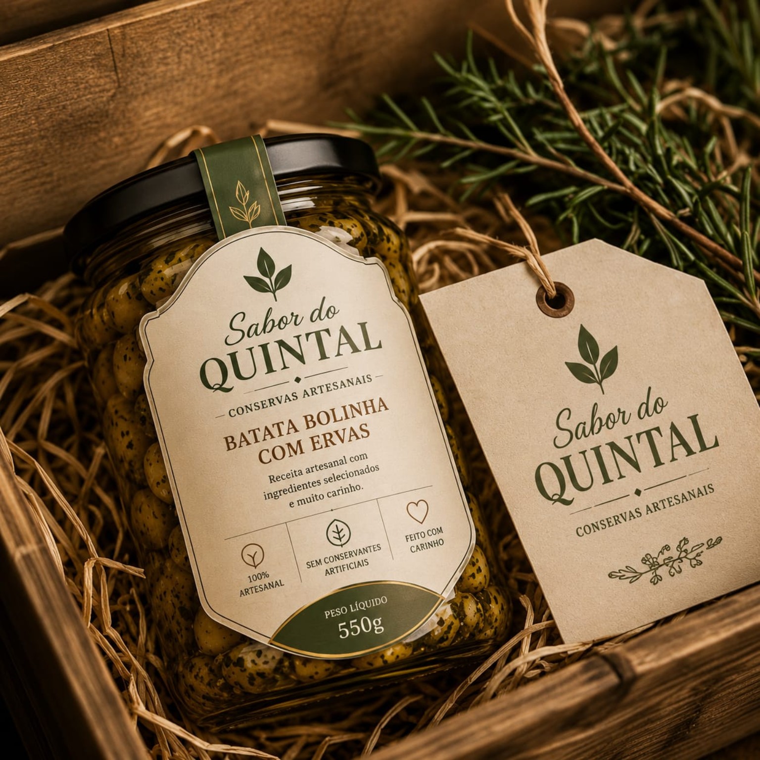 Conserva Sabor do Quintal em caixa de madeira com etiqueta da marca